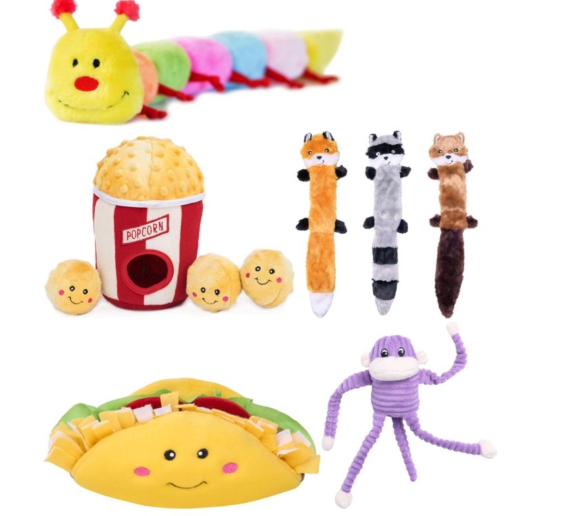 5 X ASSORTED ZIPPY PAWS DOG TOYS; 1 x Popcorn Bucket, 1 x Caterpillar, 1 x