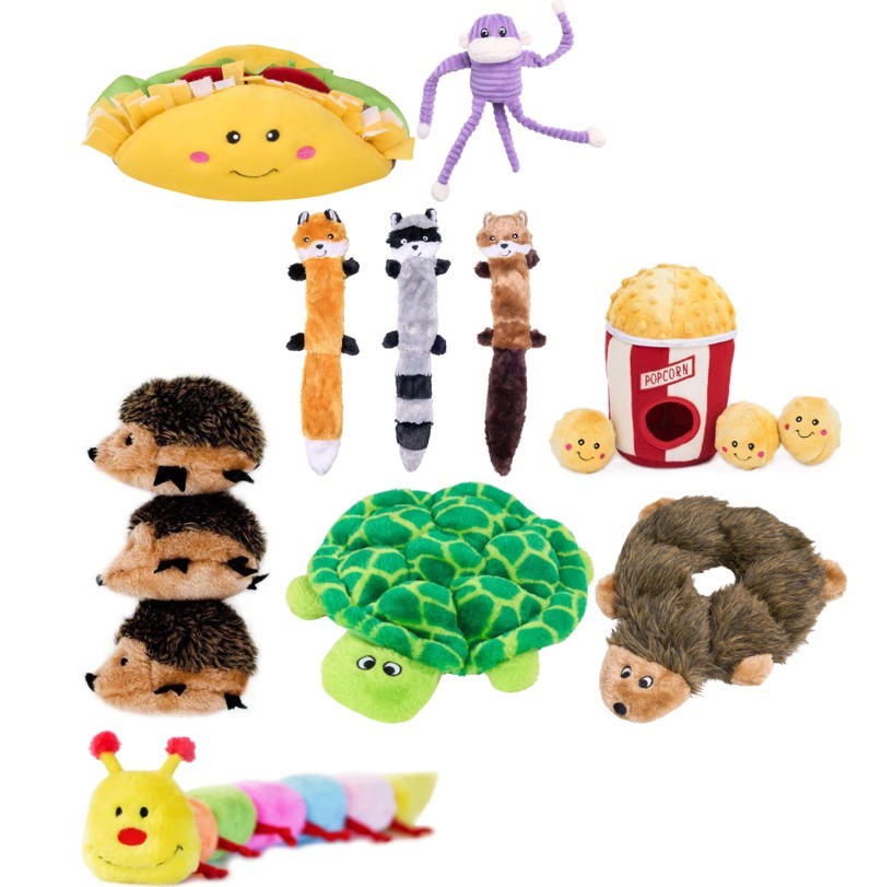 8 X ASSORTED ZIPPY PAWS DOG TOYS; 1 x Turtle, 1 x Popcorn Bucket Burrow, 1