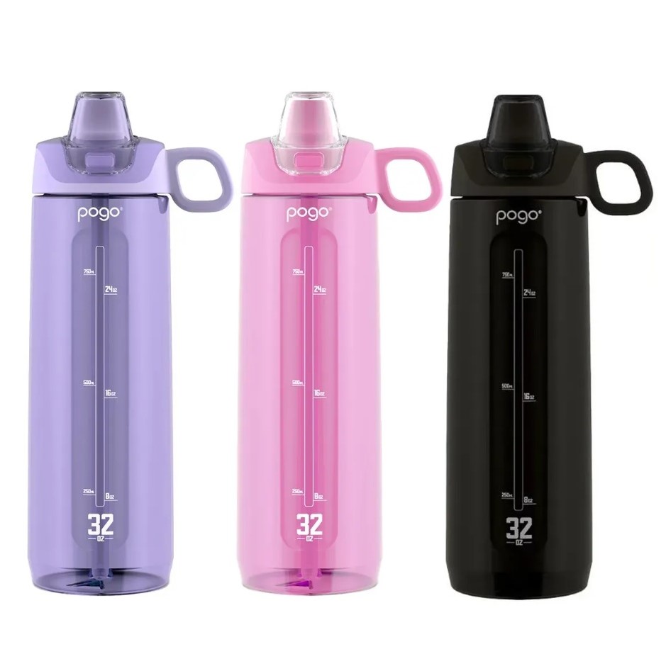 POGO 3pk Tritan Water Bottles, 946ml, Pink/Purple/Black.