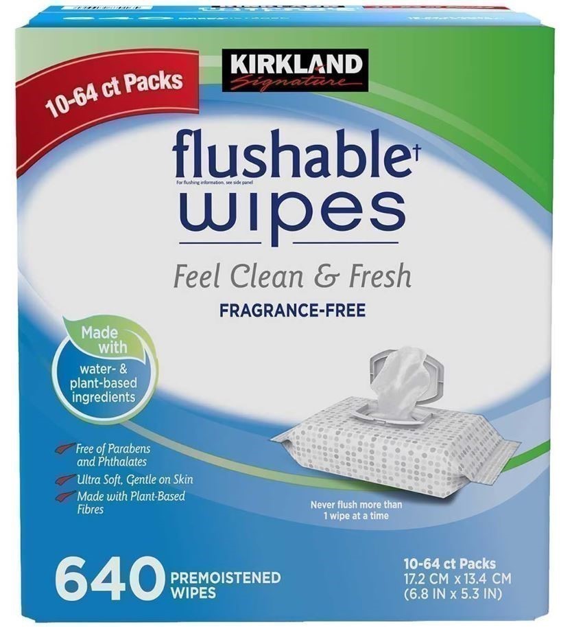 0164-5062744 · SIGNATURE Box of 640pc Flushable Wipes (10 x 64ct). NB: Damaged packaging.