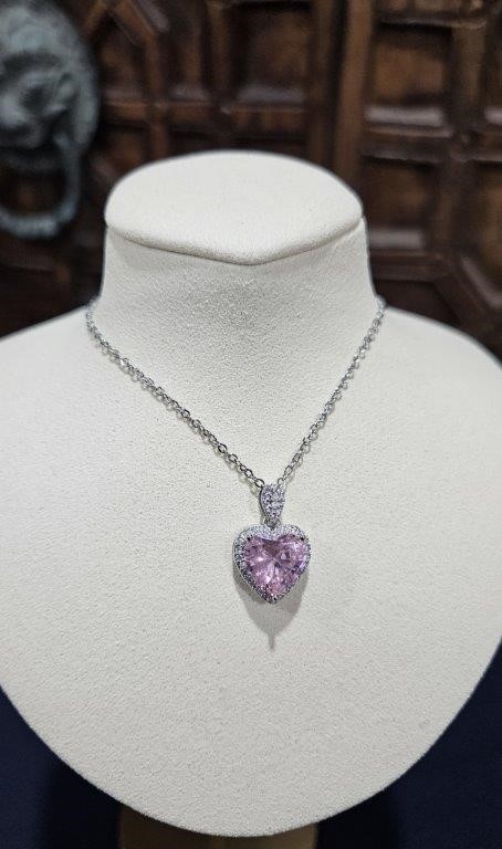 925 Sterling Silver Pink stones Heart Cut Necklace-Simulated Diamonds