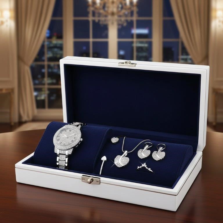 6-Piece Jewellery white Stones(Gift Box Included)-in 18k white Gold Plated