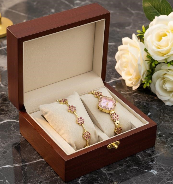 2Piece Jewellery Set.Watch, Bracelet Pink Stones(Gift Box Included)