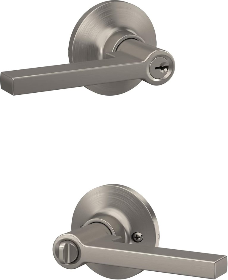 LOCK SCOUT vStraight Lever with Round Trim Keyed Entry Door Handle, Satin N