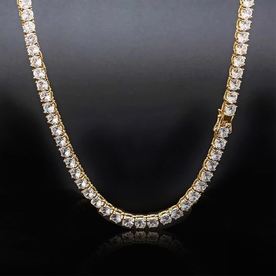 18K Gold-Filled Tennis Neckace Round Facet Cut Simulated Diamonds - 50.8cm