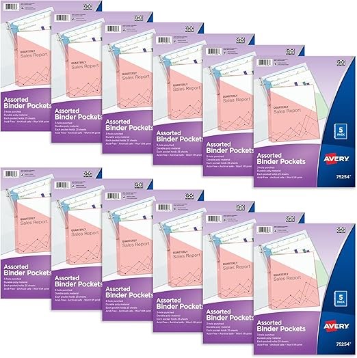 Avery Binder Pockets, Assorted Colors, 8.5" x 11", Acid-Free, Durable, 60 T