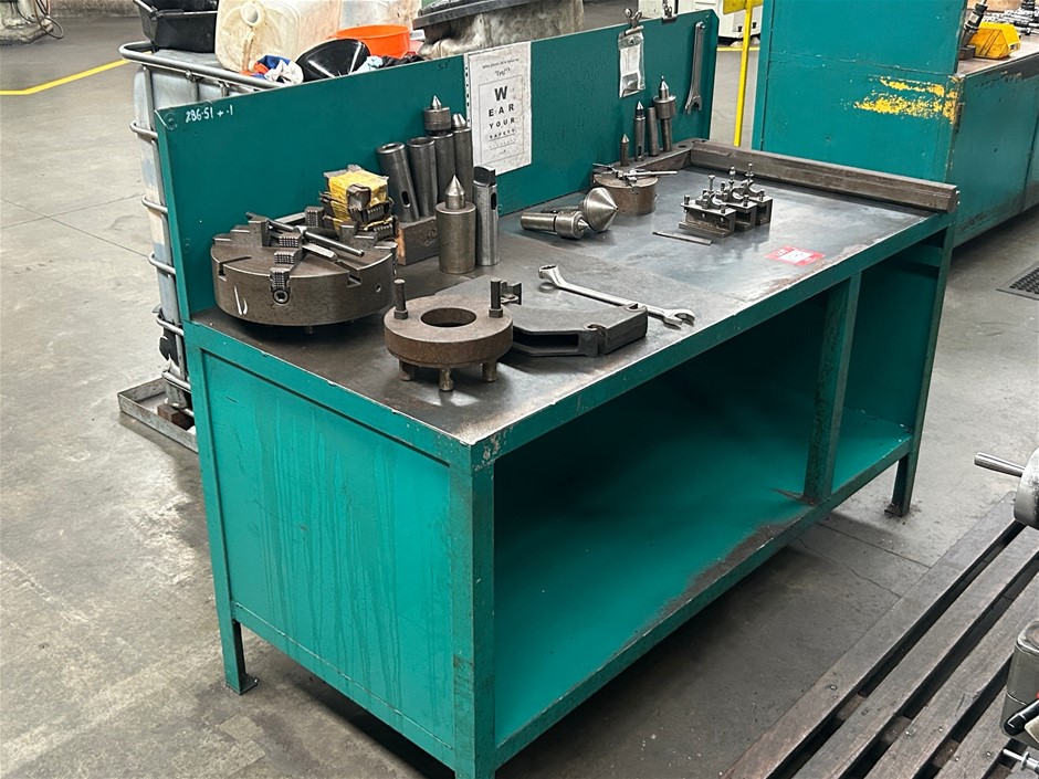 Steel Fabricated Workbench Including 4 Jaw Chuck & Other Assorted Tooling