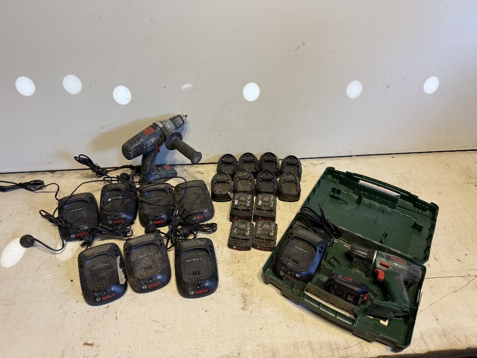 <p>Bosch Cordless Drills, Batteries, Chargers</p>