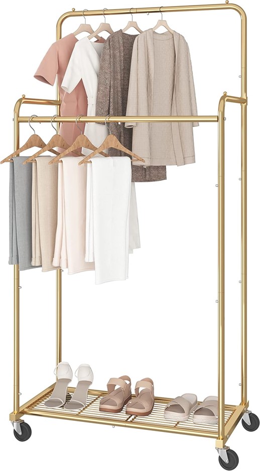 SIMPLE TRENDING Double Rod Clothes Garment Rack, Heavy Duty Clothing Rollin