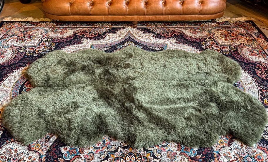 WINDWARD Sheepskin Quad Rug, Green Khaki. 180 x 110cm. NB: not in original