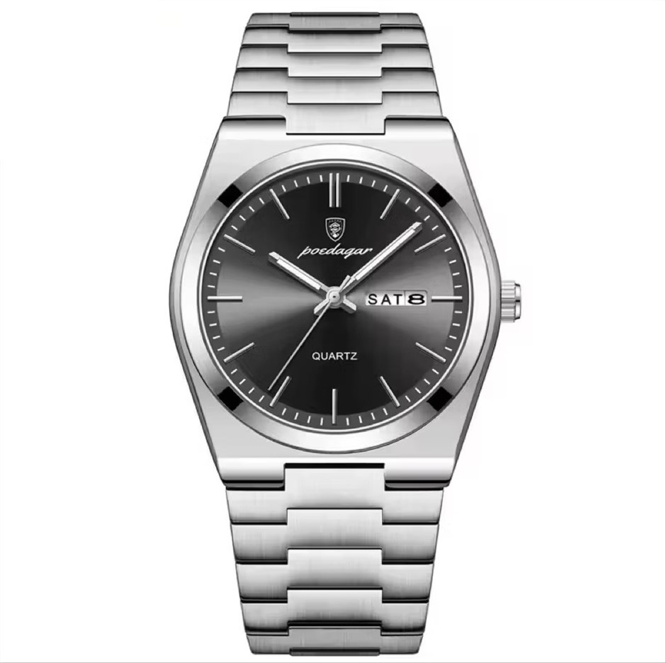 Luxury Quartz Watch Men, Calender with Stainless Steel Strap, Silver/Black