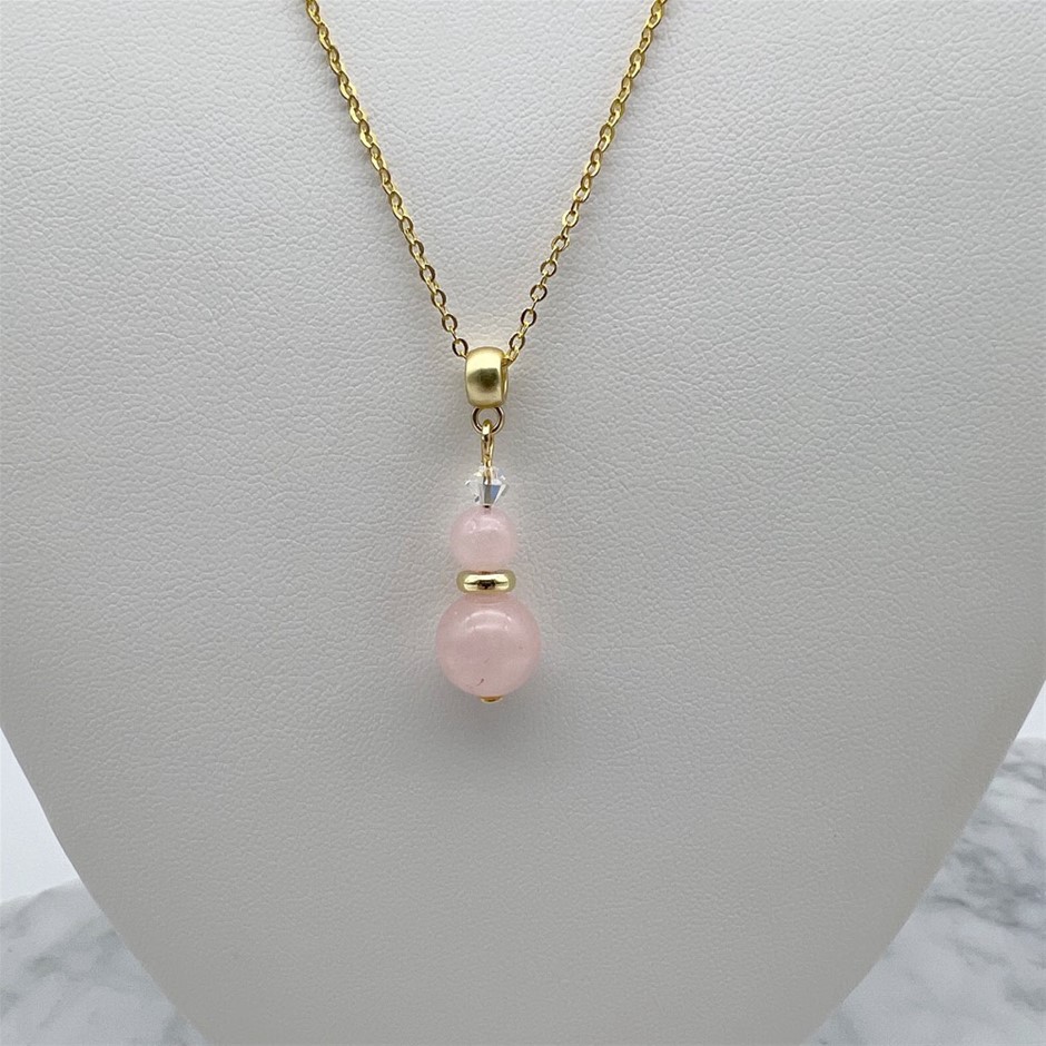 Rose Quartz & Swarovski® AU strian Crystal Gold Plated Pendant Necklace