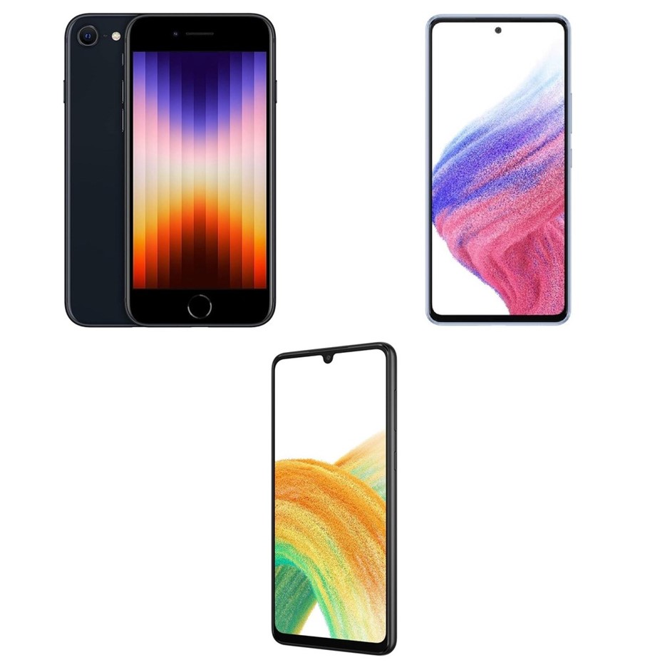3 x Mobile Phones. 1 x APPLE iPhone SE 3rd Gen 2022. 1 x SAMSUNG Galaxy A53