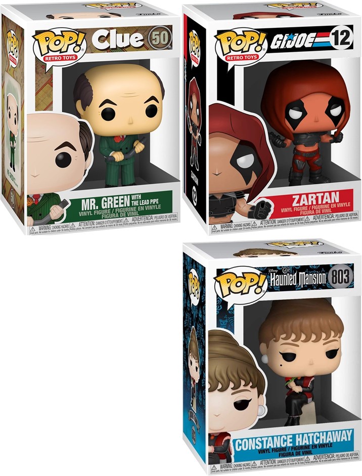 FUNKO Pop! Vinyl Figures: Clue Mr. Green with Lead Pipe, G.I. Joe Zartan,