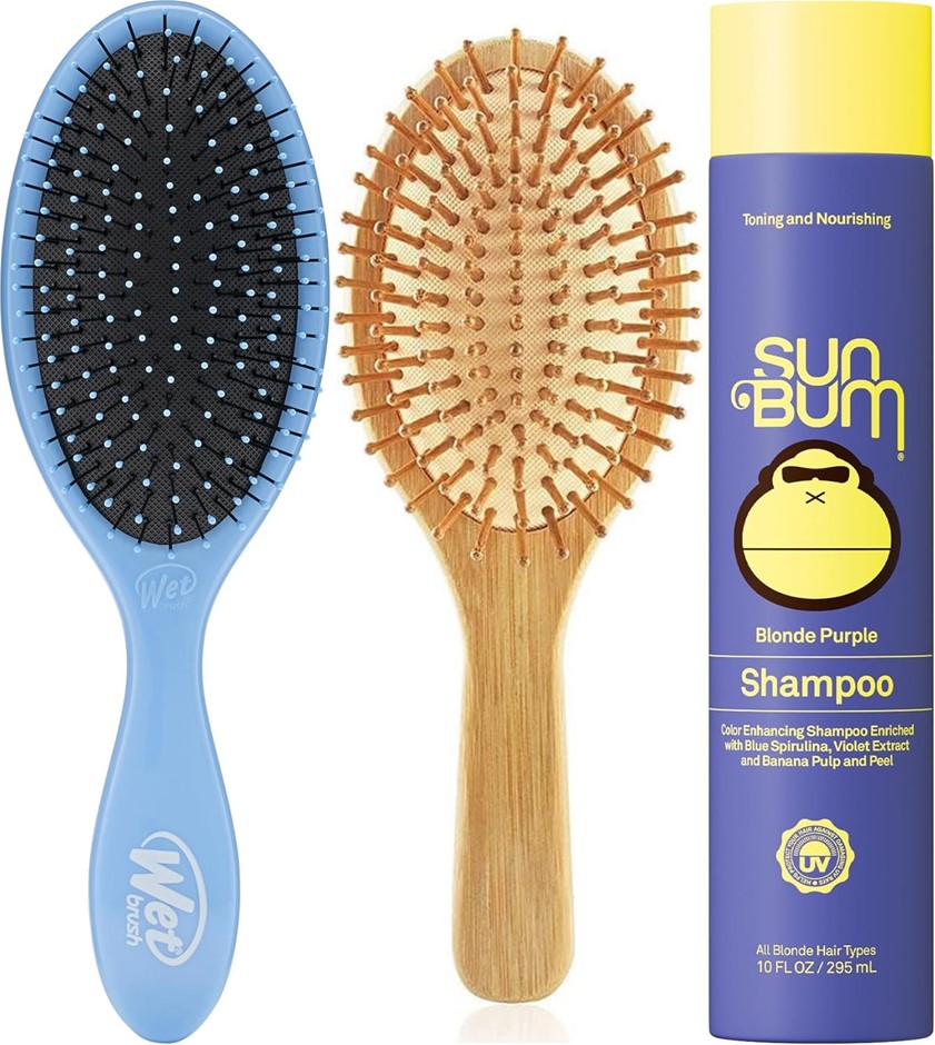 BUNDLE: WET BRUSH Detangler Hair Brush Sky, Bamboo Air Cushion Hair Brush O