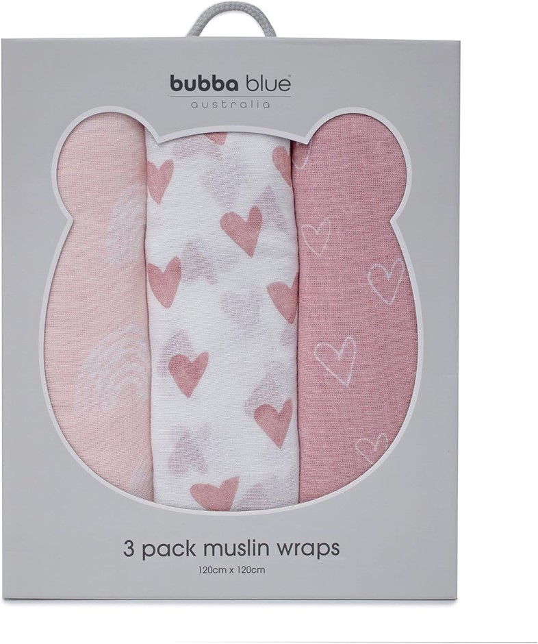 3 pack x BUBBA BLUE Nordic Muslin Wrap Size 120 x 120 cm, Dusty Berry/Rose,