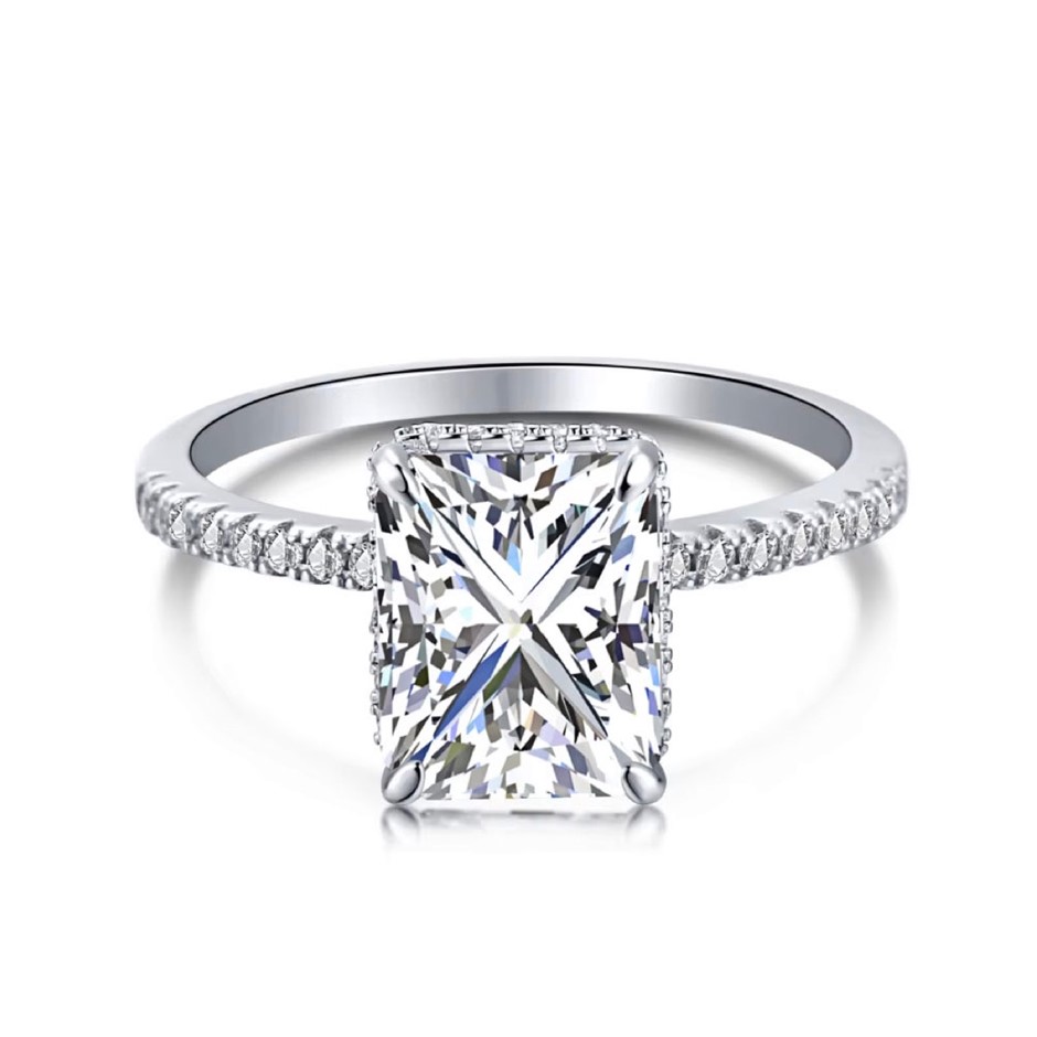 4ct Rectangle Cubic Zirconia 925 Sterling Silver Ring - Size 9