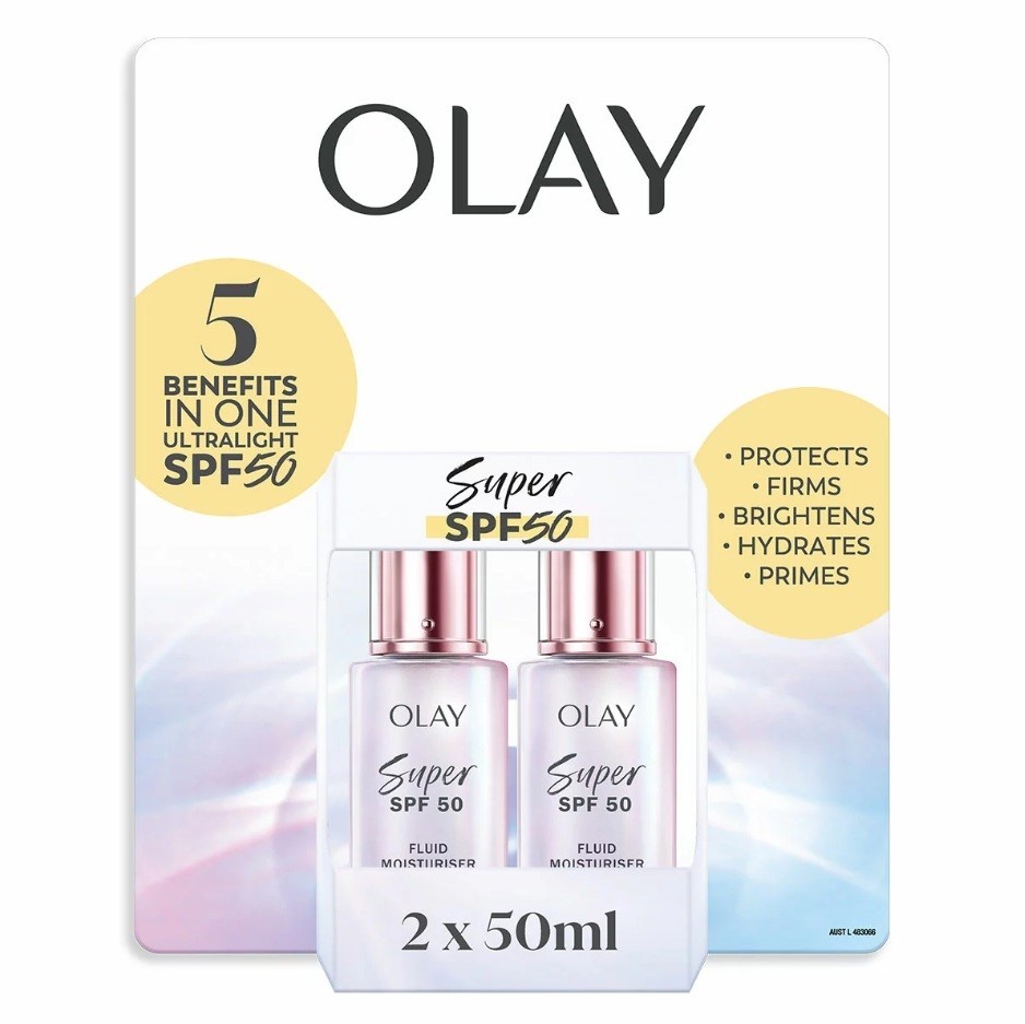 OLAY Super SPF50 Fluid Moisturiser, 2 x 50ml.