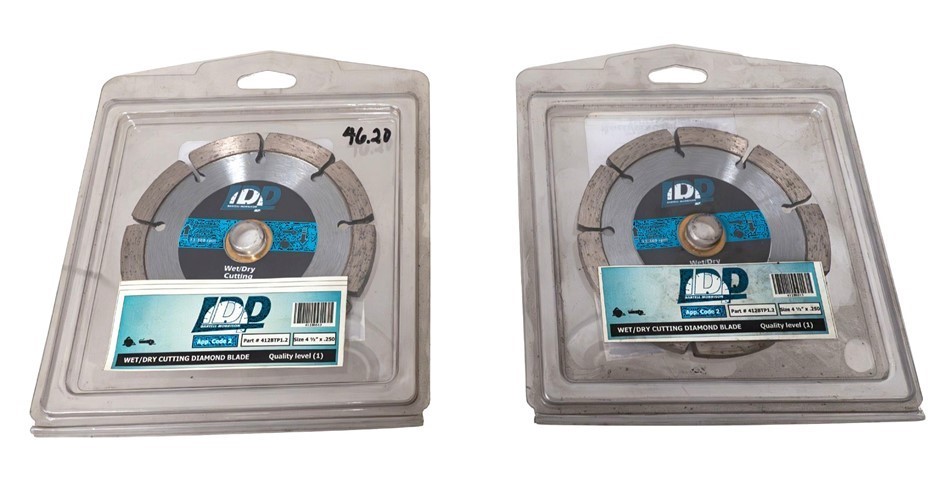 2 x IDP Wet/Dry Cutting Diamond Blades, Size 4 1/2" x .250. Model 412BTP1.2