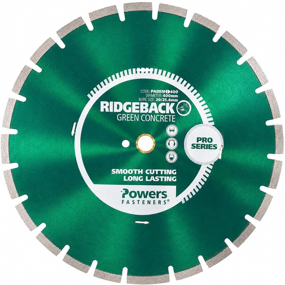 0015-5062698 · POWERS RIDGEBACK 400mm Pro Series Diamond Segmented Abrasive Blade, Green.