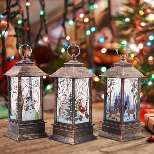 Set of 3 Christmas Lantern Lights - Santa Claus, Snowman, Reindeer Decorati