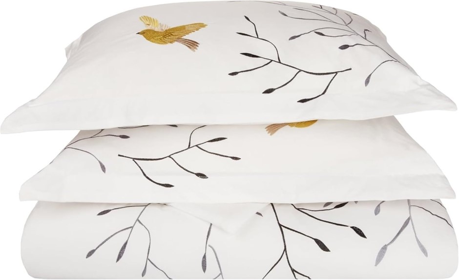 SUPERIOR 100% Cotton Percale Embroidered 3-Piece Duvet Cover Set, King/Cali