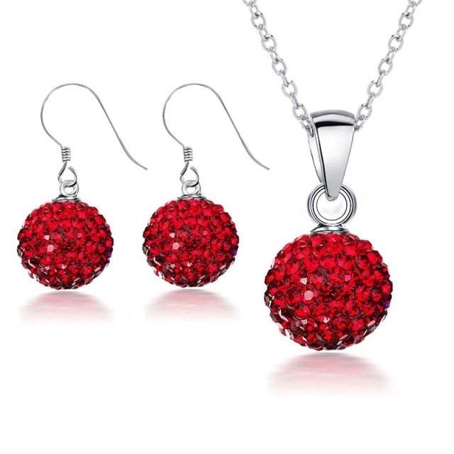 925 Sterling Silver Red Crystal Disco Ball Earring & Necklace Set