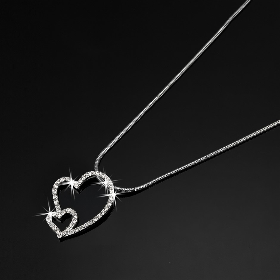 925 Sterling Silver Plated Double Heart Pendant Crystals by Swarovski