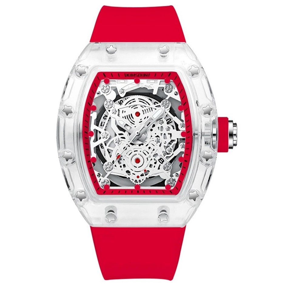 Waterproof  Watch Barrel Shaped Transparent Red Color Quartz Watch Popular