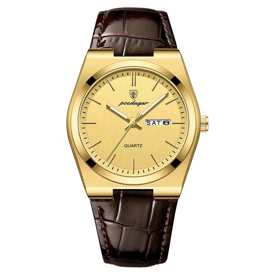 Luxury Quartz Watch Men, Calender with Stainless Steel Strap, Gold