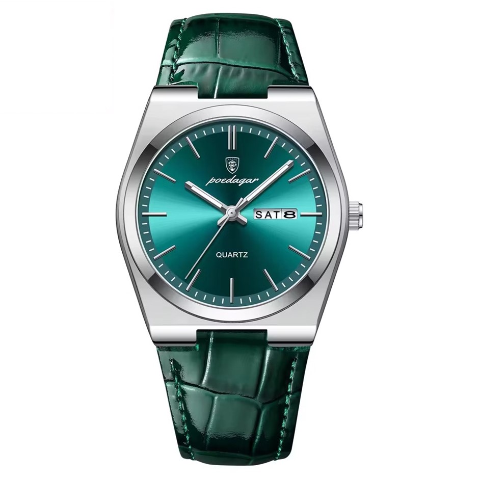 Luxury Quartz Watch for Men, Calender with Leather Strap, Silver/Green