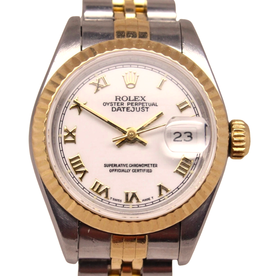 ROLEX DATEJUST 26MM YELLOW ROLESOR 69173 AUTOMATIC WHITE ROMAN DIAL BXO&COA
