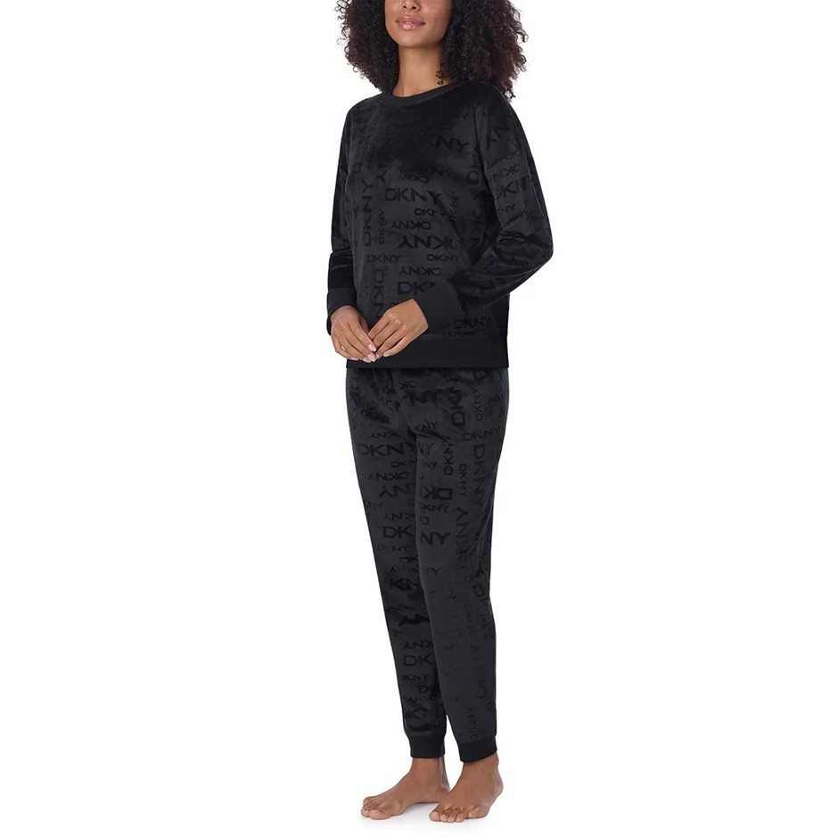 2pc DKNY Women's Stretch Velour Lounge Set, Size XL, 95% Polyester, Black.