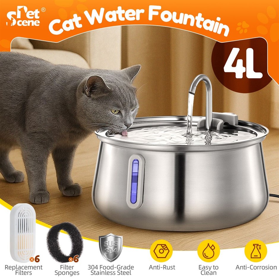 4L Automatic Stainless Steel Pet Water Fountain with LED & Filters for Cats