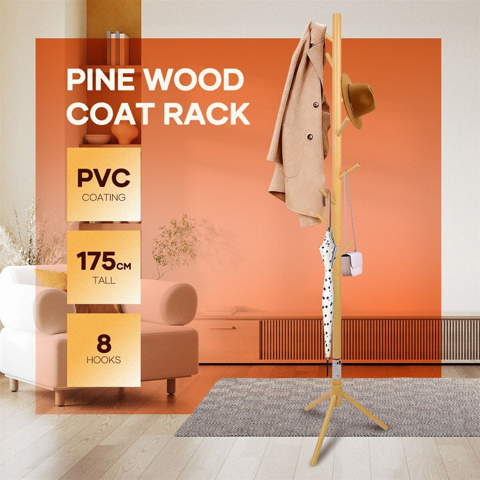 0043-2584521 · Wooden Coat Rack Stand 8 Hooks Adjustable Freestanding Hall Tree 175x40cm