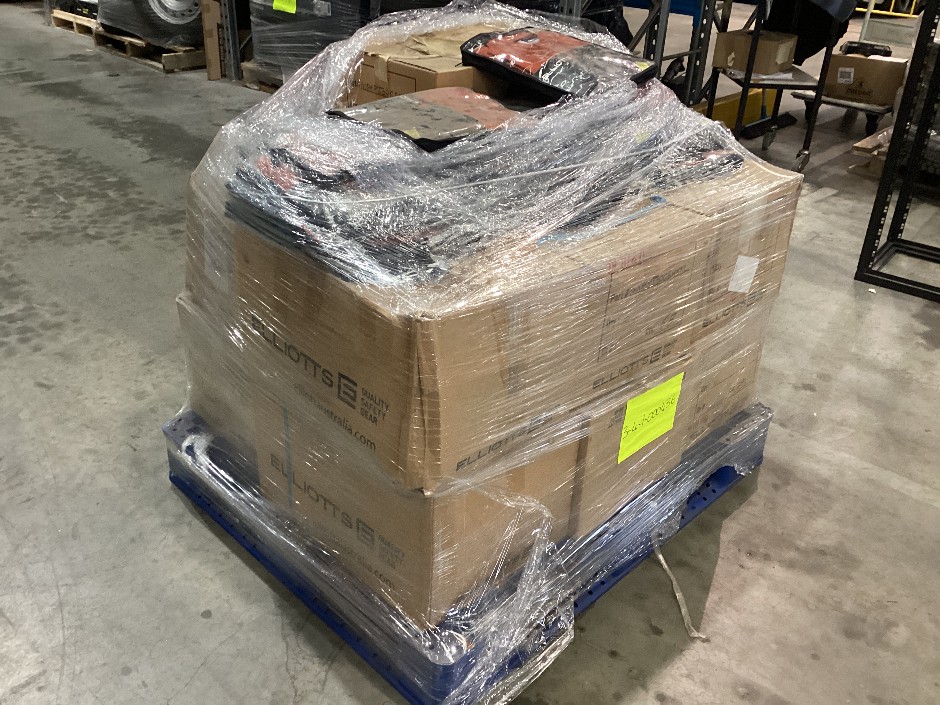 <p>Pallet containing large quantities of assorted sized welding jackets</p>