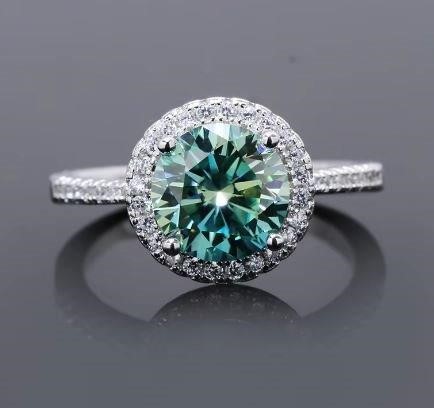 2.0ct GRA Moissanite Blue green Stones 18k White Gold Vermeil Ring -9US