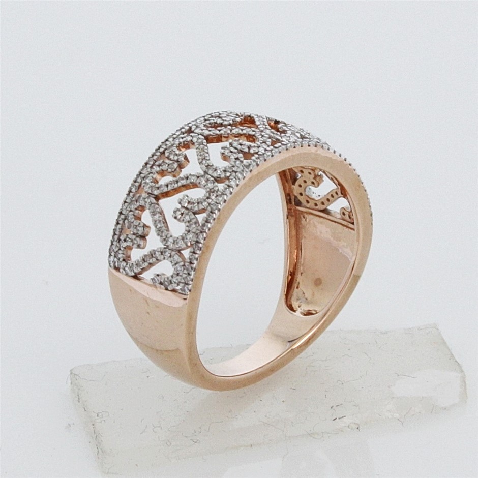 9ct rose gold diamond dress ring, wide, low half round
