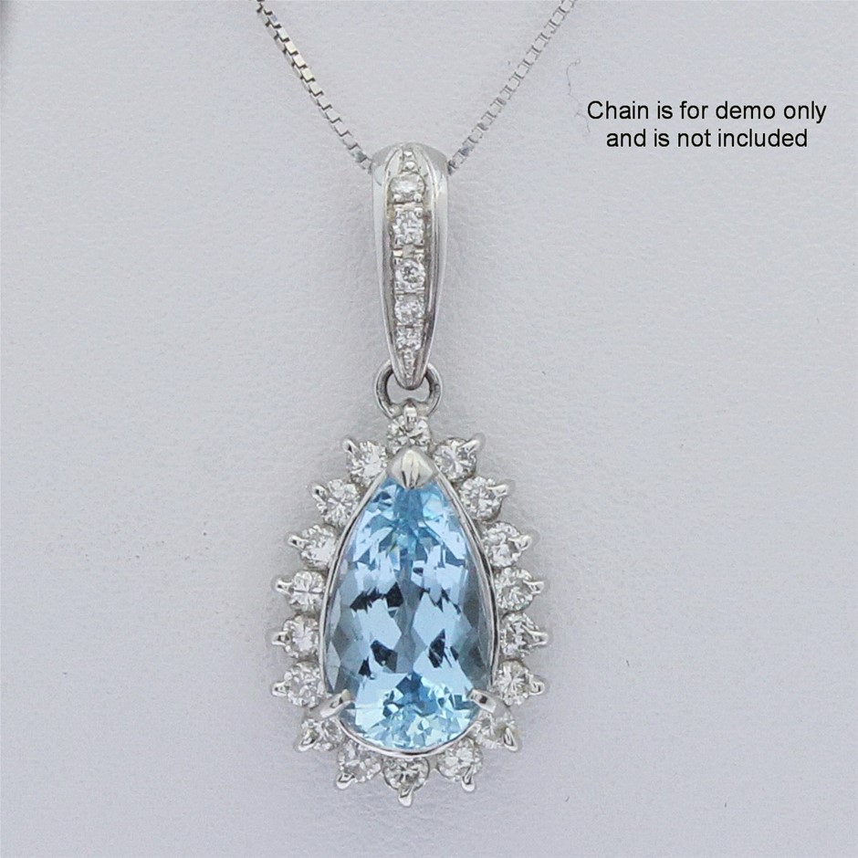 Teardrop Shaped Platinum Aquamarine Diamond Pendant Polished Saddle