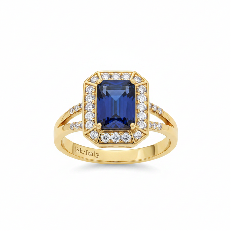 18K/Italy 8.0ct Blue Emerald Cut Yellow Gold Filled Ring(stamped)-8US