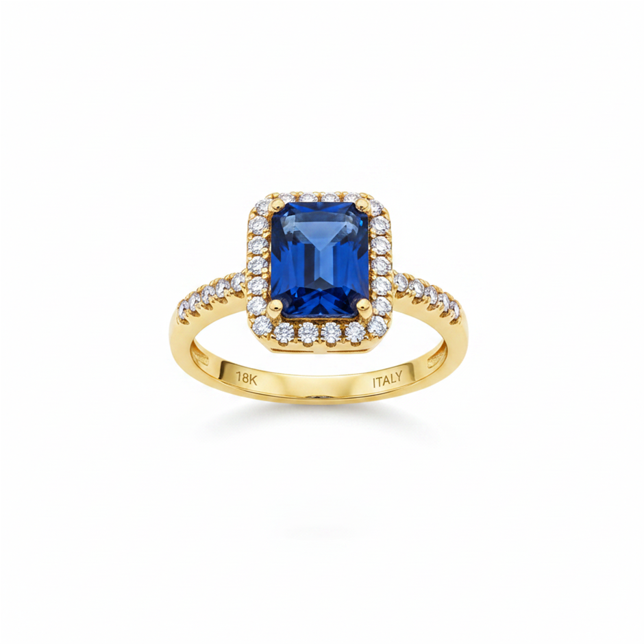 18K/Italy 2.5ct Blue Emerald Cut Yellow Gold Filled Ring(stamped)-7US