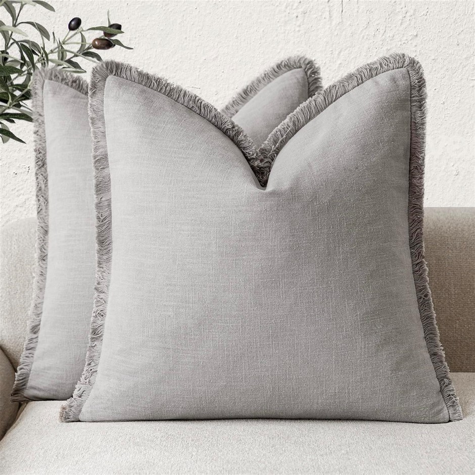 2pcs x FOINDTOWER Linen Fringe Throw Pillow Covers, Size 24×24 Inch, Light