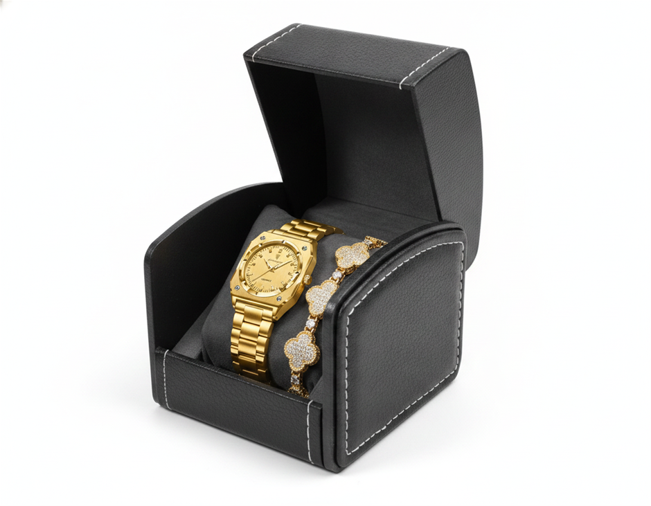 Luxury Gold Tone Watch & Simulated Diamond Bracelet Set with Premium