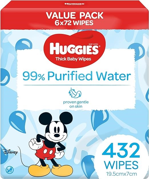 HUGGIES Thick Baby Wipes 99% Purified Water 432 Count (6 x 72 Pack).