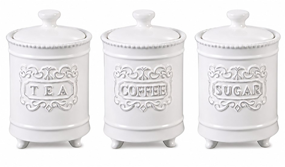 THE HOUSE OF FLORENCE Vintage French Style Canisters 3 Piece Set, White. NB