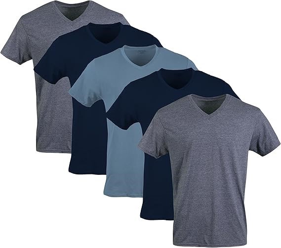 GILDAN 5 Pack Men's V-Neck Underwear Tees Shirts, Navy/Heather Navy/Indigo