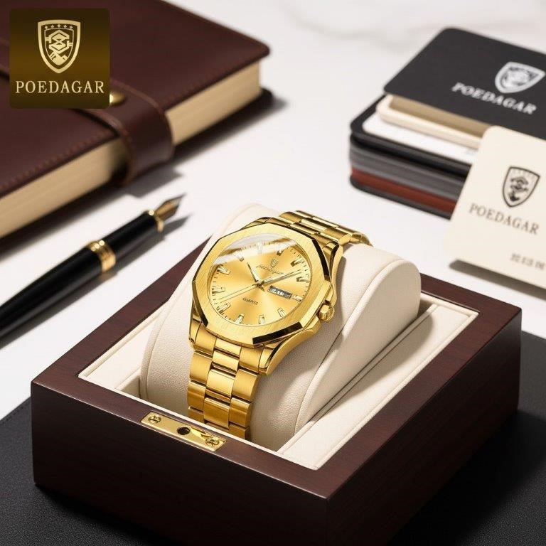 POEDAGAR Men's Gold-Tone Day Date Stainless Steel Watch with Gift Box