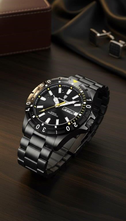POEDAGAR Men's Black Stainless Steel Day Date Quartz Watch with Gift Box