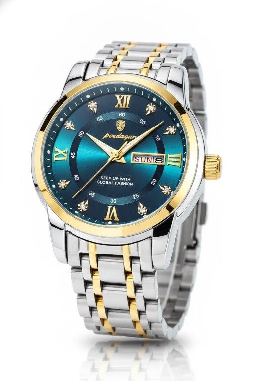 POEDAGAR Men's Blue Dial Two-Tone Day Date Quartz Watch with Presentation