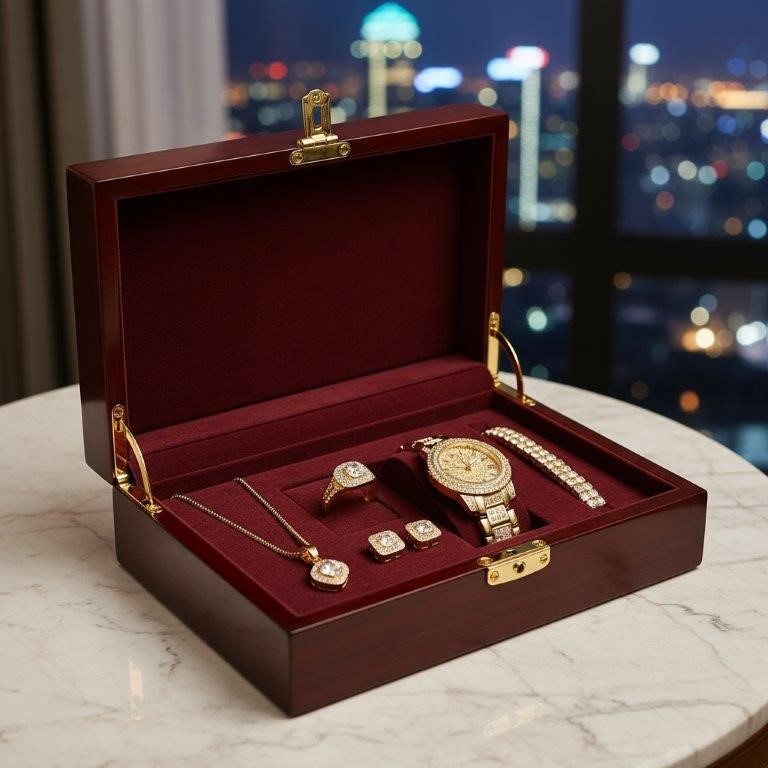 6-Piece Jewellery Set white Stones(Gift Box Included)-18k Yellow Gold Plate
